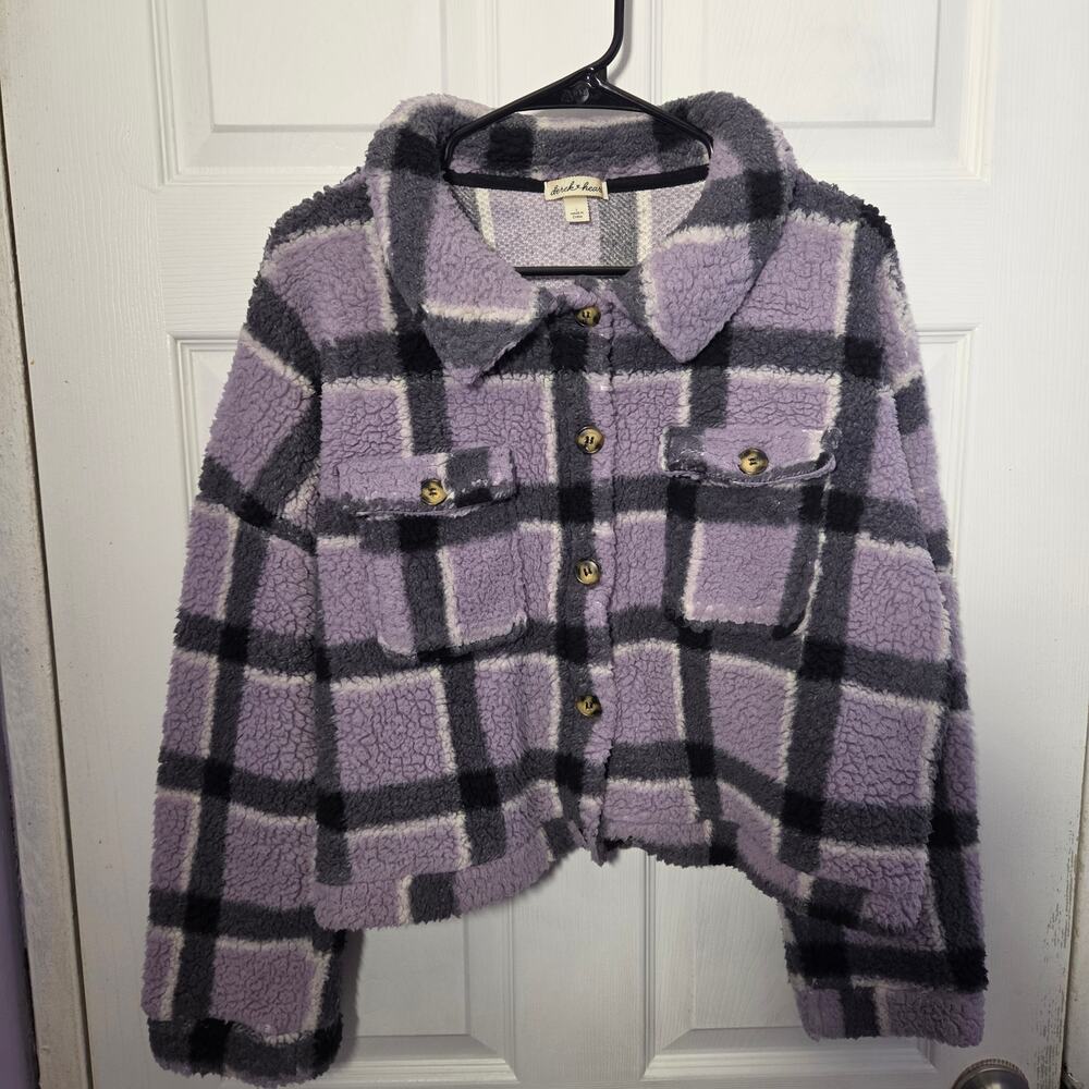 Derek Heart Purple Y2K Plaid Teddy Sherpa Cropped Shacket Jacket Size L